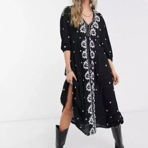 Free People Embroidered Fable Midi Dress Black and White size XS